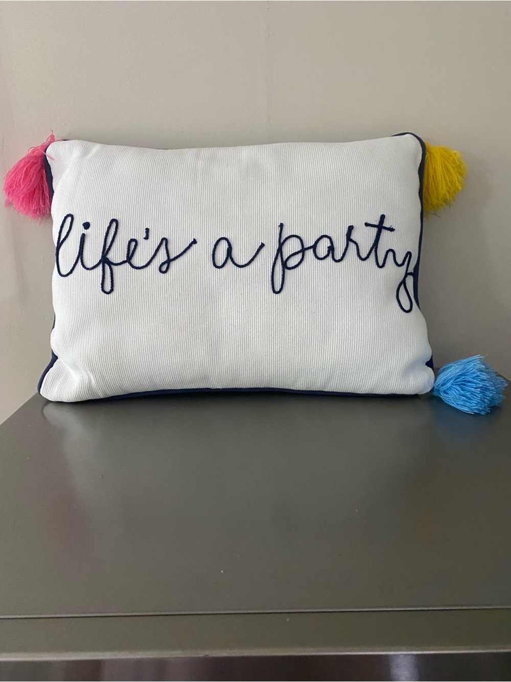 Life's a Party White Decorative Pillow with Colorful Tassels